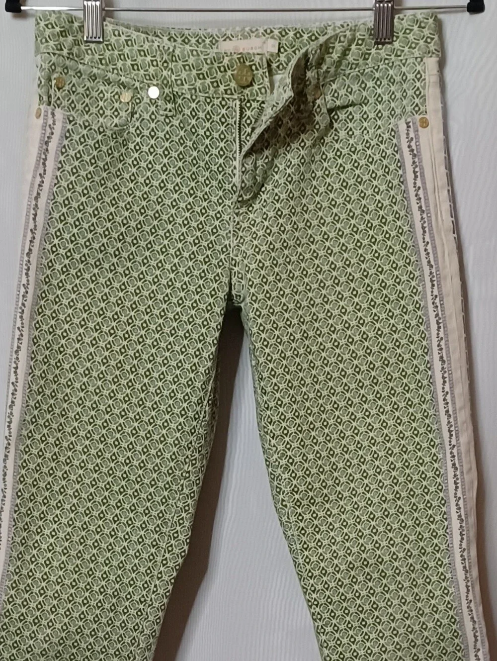 Tory Burch Botanical Light Green MIA Slim Boot Cut Denim Jeans. Size 28